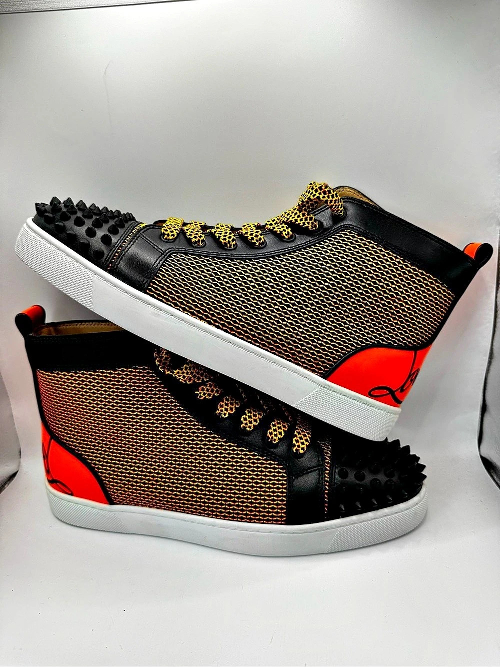 Christian Louboutin Fun Lou Spikes Flat Reflex Orange High Top Sneaker High-Top